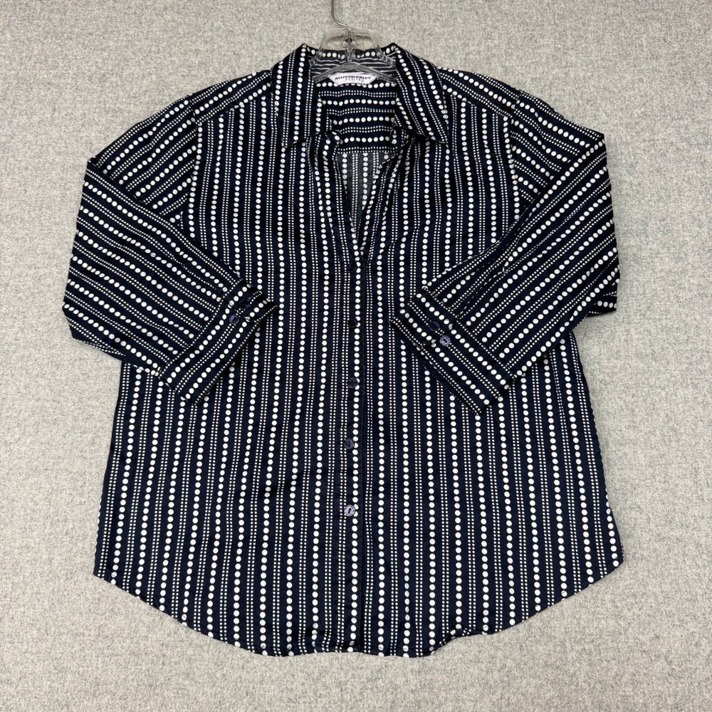 Allison Daley Petite Button Up Shirt PM Navy Blue White Polka Dot Stripe 3/4 Slv